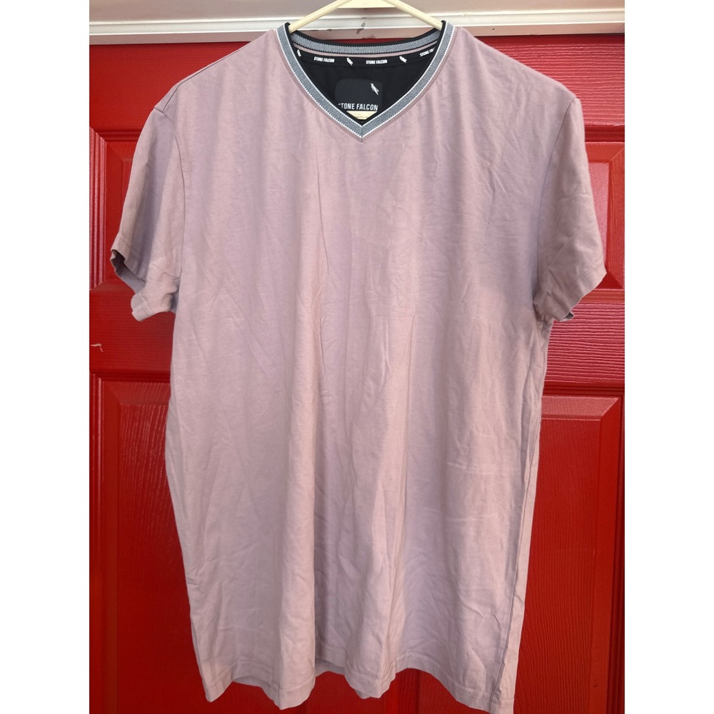 Stone Falcon Mens V-Neck T-Shirt Large Mauve Lavender Short Sleeve Logo Tee